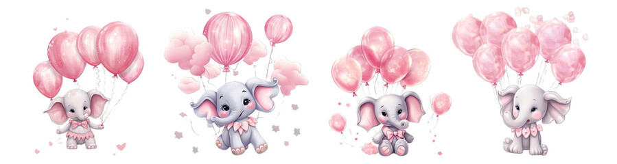 Collection of PNG. Pink cute little elephant floating in the air with balloons. Children's book illustration style isolated on a transparent background.