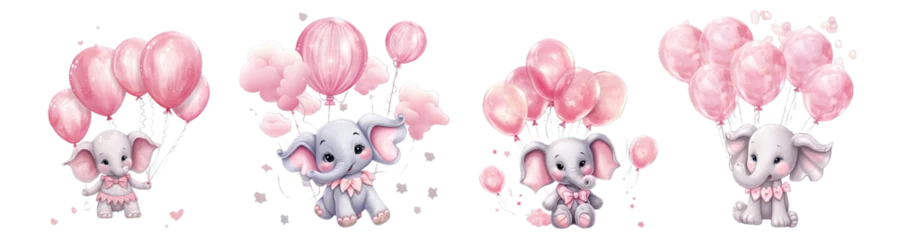 Papier Peint photo Éléphant Collection of PNG. Pink cute little elephant floating in the air with balloons. Children's book illustration style isolated on a transparent background.