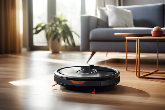 Modern robot vacuum cleaner  in room. Life-changing technologies. The concept of cleanliness and ease of cleaning