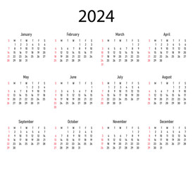 Calendar 2024 year. Vector illustration. The week starts on Sunday.