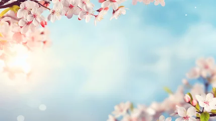 Fotobehang 桜と空のフレーム、余白・コピースペースのある背景 © tota