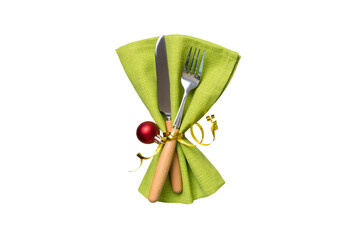 isolated christmas Plate with decor and fork and spoon. New year holiday background. Top view