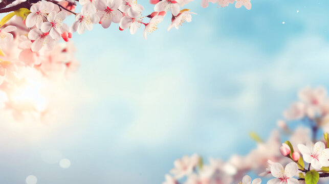 桜と空のフレーム、余白・コピースペースのある背景