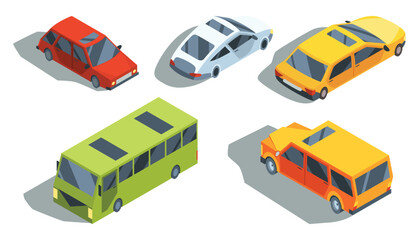City crossroad isometric cars icons collection. Vector flat colorful automobile set. Graphic design elements. Urban transport illustration