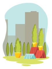 Urban gardening. Ecological and sustainable green lifestyle. City plants in urban environment concept. City parks element for advertising flyer, leaflet, info banner idea. Vector illustration