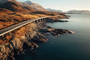 Fotobehang Aerial view of the picturesque landscape: mountains, sea and a picturesque road winding among nature. © Iryna