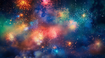Festive firework rockets bursting in big sparkling star balls poster with black background abstract illustration - obrazy, fototapety, plakaty