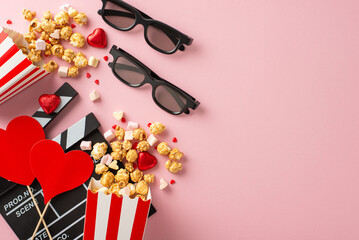 Cozy movie night for two on Valentine's Day. Top view of clapperboard, 3D glasses, popcorn boxes,...