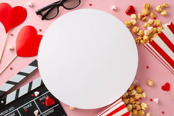 Valentine's cinema dream. Top-view clapper, 3D glasses, popcorn boxes, heart decor, candies, sweets...