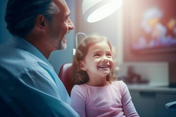 Smiling pediatric dentist with a young patient in dental clinic, Professional stomatology for kid. - obrazy, fototapety, plakaty