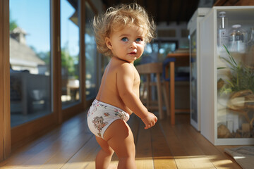 A small baby in a diaper takes his first steps - obrazy, fototapety, plakaty