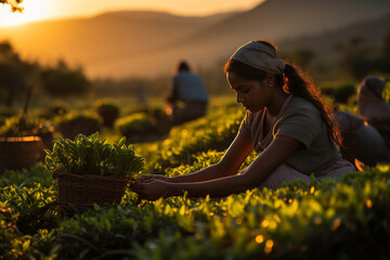 Indian woman picking tea at tea plantation at sunrise - obrazy, fototapety, plakaty