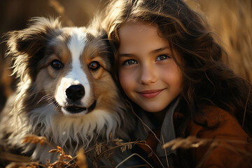 portrait of a beautiful girl with her dog Shetland Sheltie