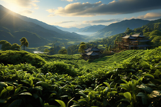 tea plantation in India at sunrise