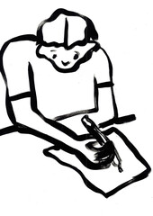 Chico escribiendo o dibujando algo con lápiz. Ilustración caricatura blanco y negro mano alzada.  - obrazy, fototapety, plakaty