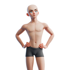 Portrait of handsome cute young bald cartoon guy with big blue eyes posing in gray underwear, naked torso, hands on hips. Concept of men's health, body skin care, sport. 3d render isolated transparent