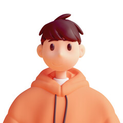 Bright portrait of cute smiling kawaii positive excited funny сasual asian brunette guy with dots eyes, fashion clothes, red hoodie. Teen character avatar minimal style. 3d render isolated transparent