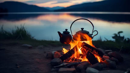 Foto auf Acrylglas Vintage coffee pot on camping fire. Wonderful evening atmospheric background of campfire. Romantic warm place with fire. The concept of adventure, travel, tourism and camping. © alexkich
