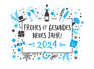 2024 frohes neues gesundes Jahr blau weiß - obrazy, fototapety, plakaty