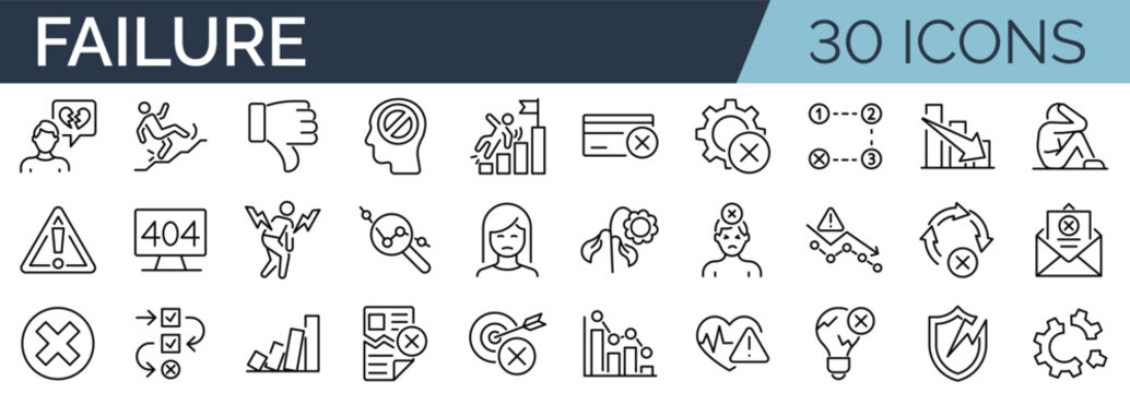 Set of 30 outline icons related to failure. Linear icon collection. Editable stroke. Vector illustration