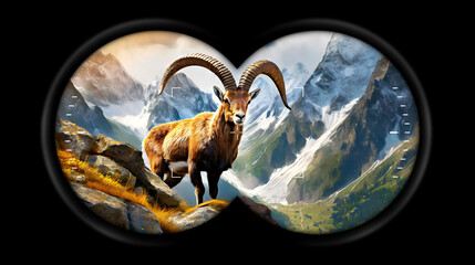 Binoculars point of view with a beautiful male alpine ibex with large horns in mountain, standing on some rocks, in the background a valley with forests and snow-capped peaks. Capra Ibex. - obrazy, fototapety, plakaty
