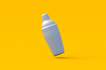 Falling shaker for cocktail on yellow background. Bar accessories. Alcohol beverages mixer. Tool for bartender. Drink mix equipment. 3d render