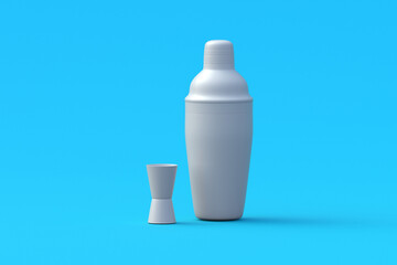 Cocktail shaker on blue background. Bar accessories. Alcohol beverages mixer. Tool for bartender. Drink mix equipment. 3d render