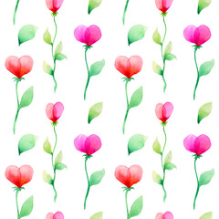 Hand drawn watercolor pink flowers pattern isolated on a white background.