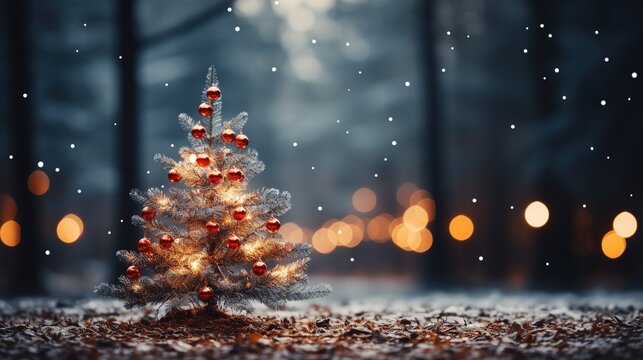 A cozy Christmas scene with a glittering tree adorned with red ornaments, softly illuminated, against a snowy forest backdrop, perfect for Happy New Year and Merry Christmas images. Generative AI.