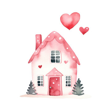 Watercolor illustration of valentine house, Valentine concept.