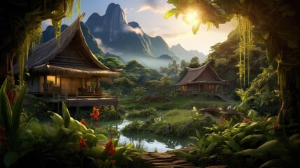 a house in the middle of a small garden, in the style of iban art, photo-realistic techniques, thai art, mountainous vistas, 32k uhd, grocery art, joyful celebration of nature - obrazy, fototapety, plakaty