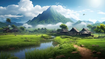 a house in the middle of a small garden, in the style of iban art, photo-realistic techniques, thai art, mountainous vistas, 32k uhd, grocery art, joyful celebration of nature - obrazy, fototapety, plakaty