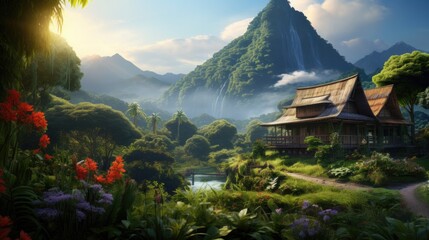 an exotic outdoor scene featuring lush gardens and plantations, in the style of photo-realistic techniques, vernacular architecture, sung kim, uhd image, isometric, grocery art, mountainous vistas - obrazy, fototapety, plakaty