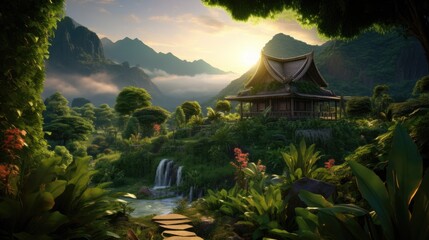 an exotic outdoor scene featuring lush gardens and plantations, in the style of photo-realistic techniques, vernacular architecture, sung kim, uhd image, isometric, grocery art, mountainous vistas