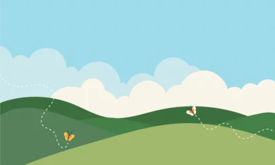 Foto op Plexiglas Cute cartoon background landscape with clouds and butterflies © droolbug