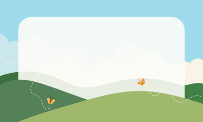 Cute cartoon framework background landscape with clouds and butterflies