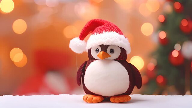 Cute little penguin toy with Santa Claus hat on bokeh Christmas background. AI generated.