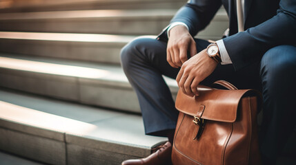 business man with briefcase sitting on steps in urban area. - obrazy, fototapety, plakaty