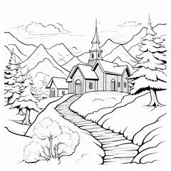 Fototapeta na wymiar Illustration of coloring book Christmas landscapes, cartoon style