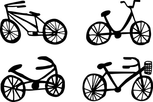 Dibujos de bicicletas en blanco y negro con fondo transparente y en vector. 