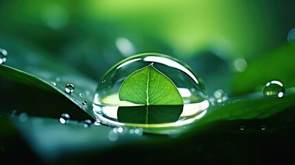 Carbon reduction inside water droplet on green leaf for for decrease CO2 , carbon footprint and carbon credit to limit global warming from climate change, Bio Circular Green Economy concept. 4k. - obrazy, fototapety, plakaty