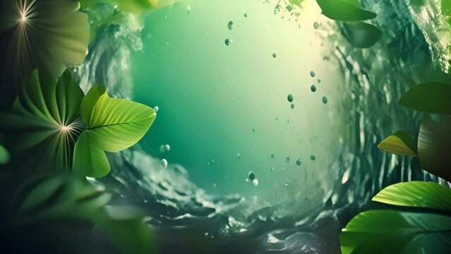 Beautiful background with round water splash and exotic tropical leaves. Circular copy space in the middle. AI generative.