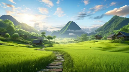 Poster rural asian landscape, sunrise farm, sunrise garden, morning, rice fields, terraced farm, rice, field, rice field, rice field, field grass field, in the style of vray tracing © panu101