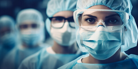 doctors or surgeons in isolation gown or protective suits, protect goggles and surgical face masks - obrazy, fototapety, plakaty