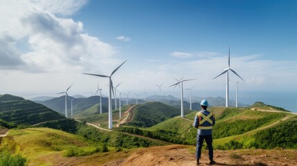 Two engineers working and holding the report at wind turbine farm Power Generator Station on mountain,Thailand