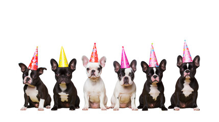 Boston terrier dog puppy in a group, birthday party invite invitation banner, isolated on transparent background , png, 300 dpi - obrazy, fototapety, plakaty