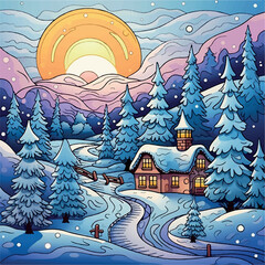 Illustration of coloring book Christmas landscapes, cartoon style