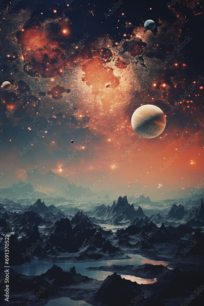 Poster A cosmic scene with multiple moons and a galaxy in the background.