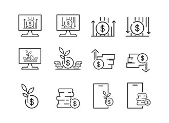 money icon, financial growth icon, investment, profit and loss, icon with computer and mobile phone. vector eps 10