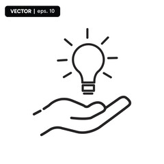 icon hand holding a light bulb isolated on white background. Thinking, good idea and business success creative concept. Vector eps 10